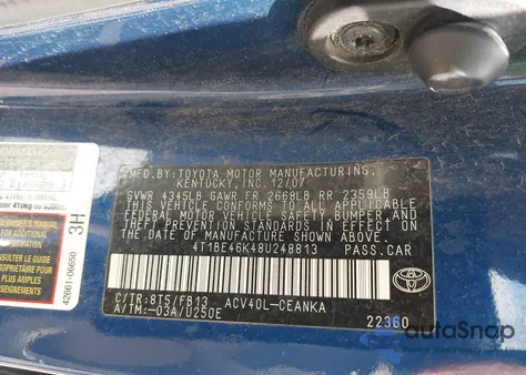 2008 Toyota Camry z USA, uszkodzony, nr VIN 4T1BE46K48U248813